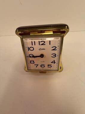 Vintage Linden Folding Travel Alarm Clock with Brown Case works